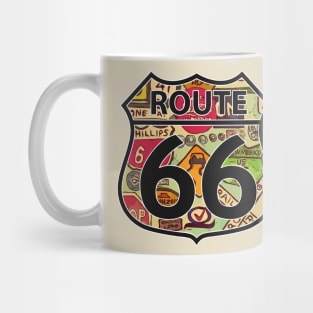 Route 66 Highway sign with old signs in the background Mug